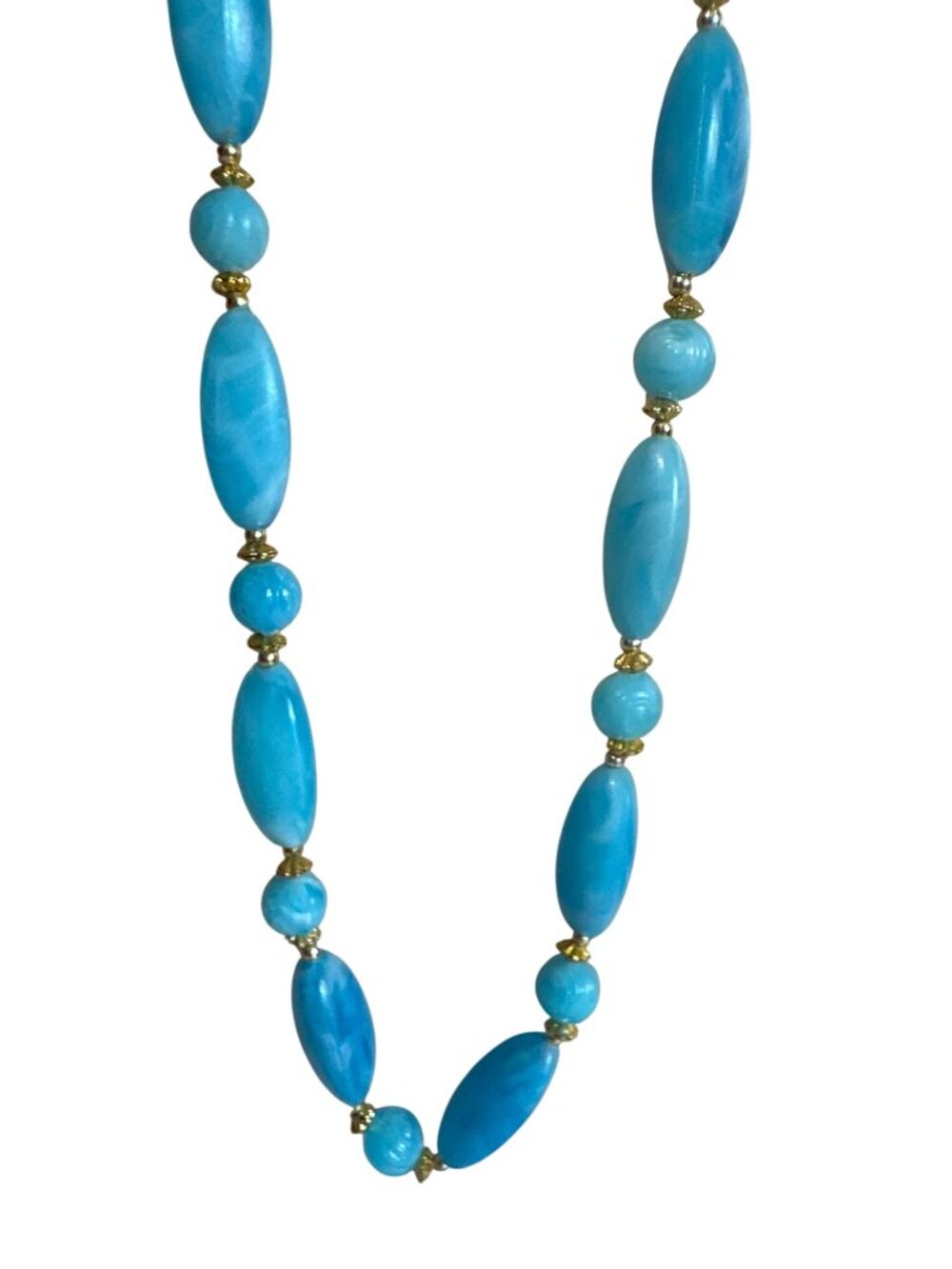 Vintage Blue Beaded Necklace Gold-Tone Accents Long Elegant 80s 90s Pastel Blue